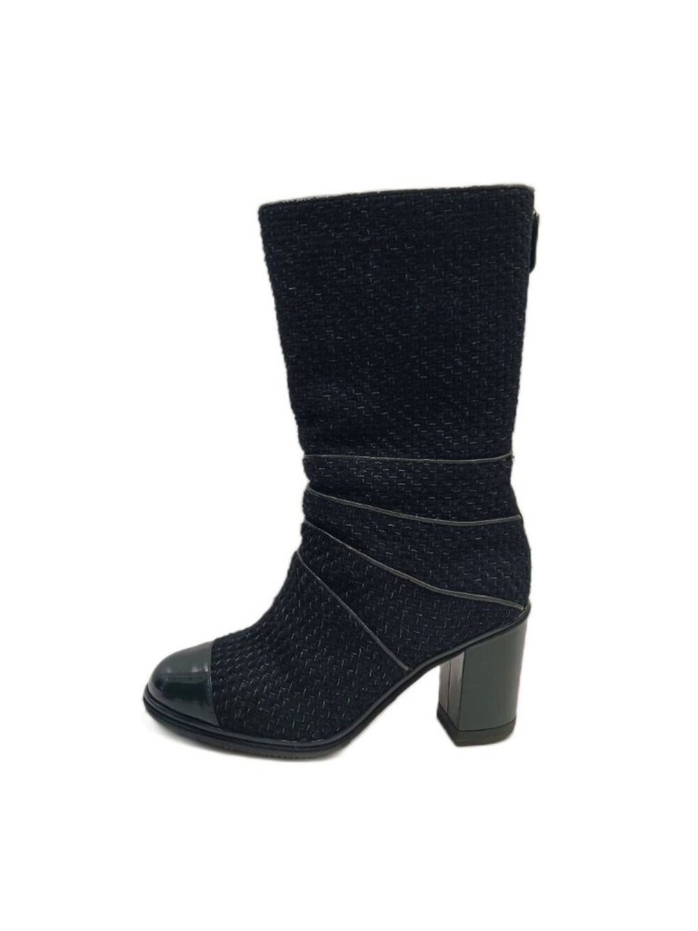 Chanel CC Logo Short Boots Tweed Heels Patent Navy